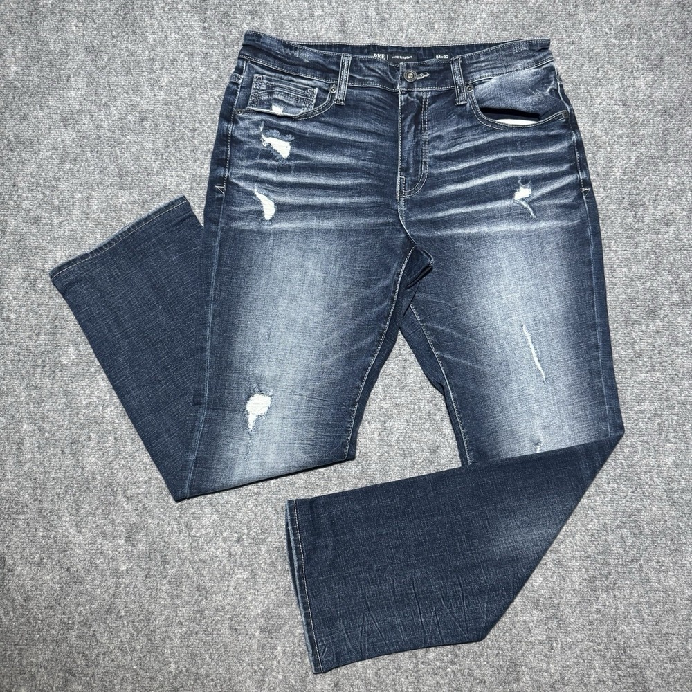 BKE Jake Straight Jeans 34x29 Denim Pants Faded Stretch Distress Whiskering